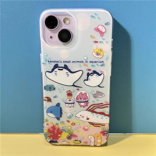 Japanese Cartoon Kanahei | Ocean with Fishes Cute Pink Rabbit and White Chicken - iPhone Case iPhone 13 14 15 16 Pro Promax KawaiiGiftLand