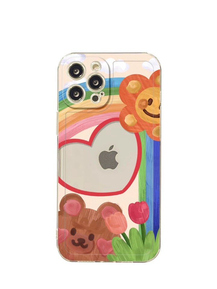 Drawing Flower and Bear with Heart iPhone case Kawaii Lovely Cute Lolita iPhone 6 7 8 PLUS SE2 XS XR X 11 12 13 14 15 16 Pro Promax 12mini 13mini KawaiiGiftLand