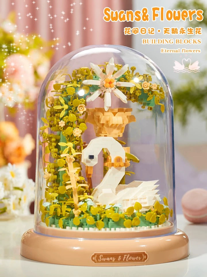 Mini Block Building with Cover | Flower Love Swan Flower - with LED Lights Valentine Gift DIY Handmade Gift KawaiiGiftLand