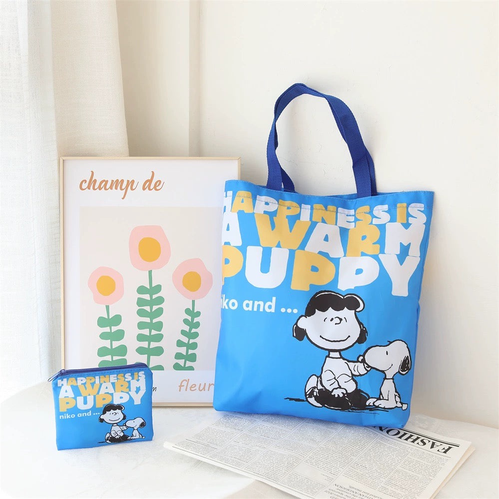 Cartoon Design Cute White Dog and Friends Fold Up Tote Bag | Orange Black Grey Blue Dog House - Kawaii Little Bag KawaiiGiftLand