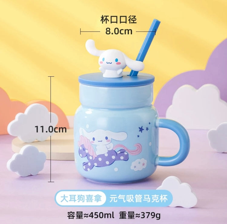 Sanrio Ceramic Mug with Cup Lid & Straw | Hello Kitty My Melody Kuromi Cinnamoroll Pochacco - Cup Drinkware KawaiiGiftLand