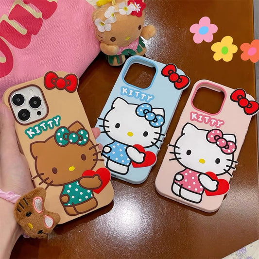 Big Hello Kitty with Heart & Ribbon | Brown Pink Blue - Soft iPhone Case 11 12 13 14 15 16 Pro Promax KawaiiGiftLand