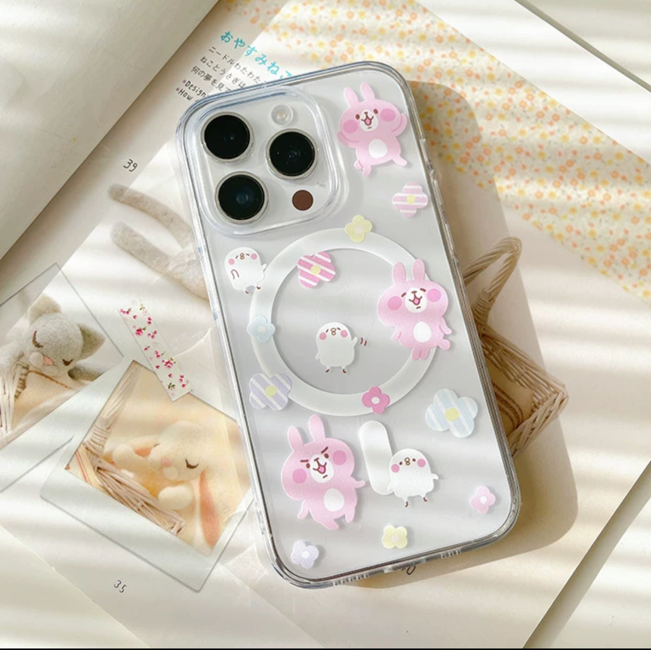 Japanese Cartoon Kanahei | Dots & Flowers Pink Rabbit and White Chicken - iPhone Case 12 13 14 15 16 Pro Promax KawaiiGiftLand