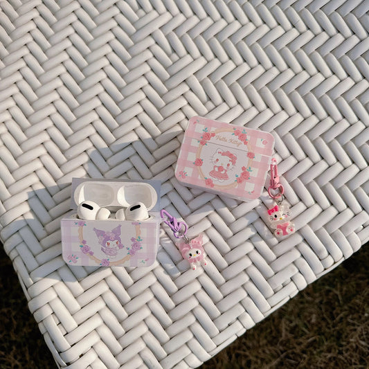 Japanese Cartoon Flower Lolita Style Hello Kitty My Melody Kuromi Cinnamoroll Pink Purple Blue with Keychain - AirPods AirPodsPro AirPods3 AirPods4 Case