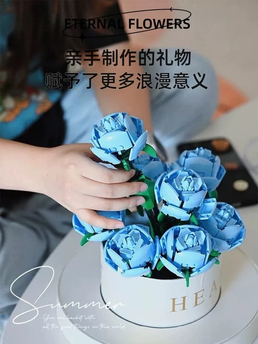 Block Building Block Romantic Elernal Flowers Bouquet Gift Box | Pink Red Blue White Rose - with LED Lights Valentine Wedding Gift DIY Handmade Gift