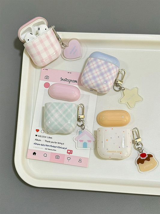 Korea Style Pastel Colour | Checkered Pattern Dottie Pink Blue Yellow with Pudding Star House Heart Keychain - AirPods AirPodsPro AirPods3 AirPods4 Case