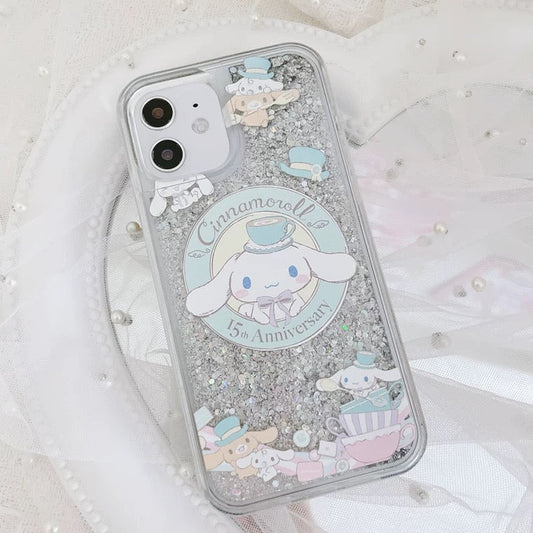 Japanese Cartoon Cinnamoroll Alice Tea Party - Silver Glitter QuickSand iPhone Case 6 7 8 PLUS SE2 XS XR X 11 12 13 14 15 16 Pro Promax 12mini 13mini KawaiiGiftLand
