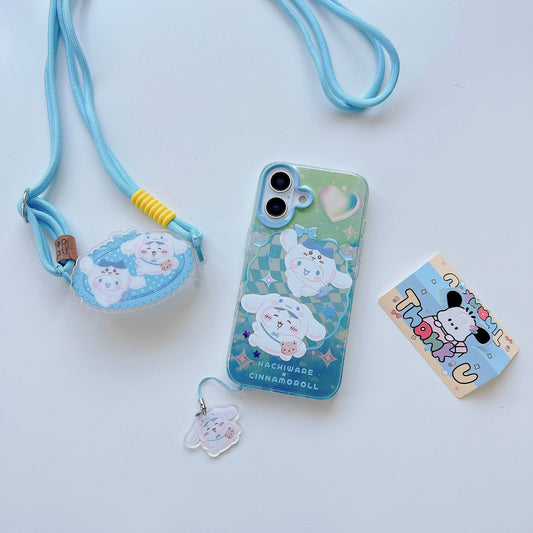 Japanese Cartoon Sanrio X Chiikawa iPhone Case with Strap | Laser Kitty Chiikawa Cinnamoroll Hachiware Pompompurin Usagi Kuromi Momonga Melody Crab - iPhone CasePhone Case 7 8 PLUS SE2 XS XR X 11 12 13 14 15 16 Pro Promax 12mini 13mini