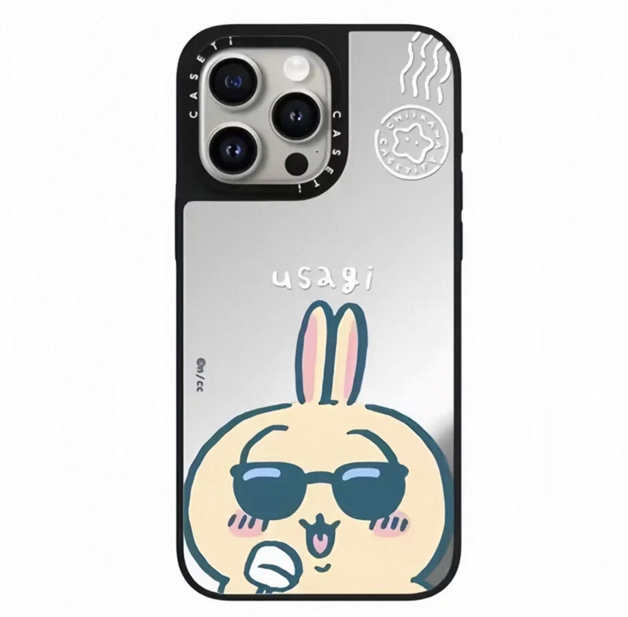 Japanese Cartoon ChiiKawa Mirror Phone Case | ChiiKawa Hachiware Usagi Wear Sunglass and Eating Icecream Silver - iPhone Case 11 12 13 14 15 16 17 Pro Promax
