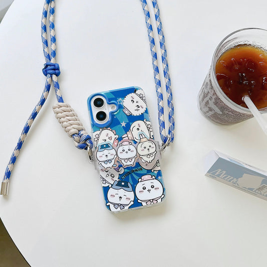 Japanese Cartoon Phone Back Clip with Phone Lanyard | Chiikawa Blue & Beige - for All Smart Phones