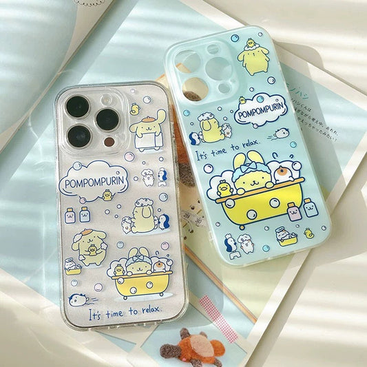 Japanese Cartoon Pompompurin Bathing Matt Blue iPhone Case 15 Pro Promax KawaiiGiftLand