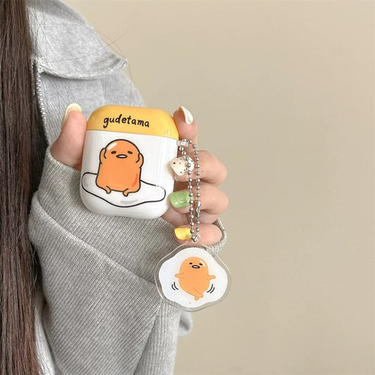 Japanese Cartoon Gudetama Sit on Egg White Yellow with Keychain - AirPods AirPodsPro AirPods3 AirPods4 Case KawaiiGiftLand