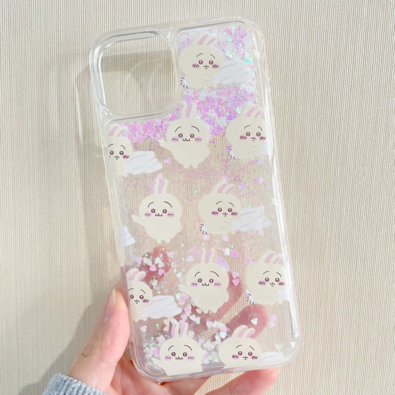 Japanese Cartoon Chiikawa Kawaii FullScreen | ChiiKawa Hachiware Usagi Glitter QuickSand iPhone Case 6 7 8 PLUS SE2 XS XR X 11 12 13 14 15 16 Pro Promax 12mini 13mini KawaiiGiftLand