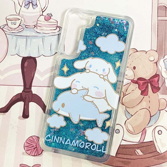 Japanese Cartoon Cinnamoroll with Dolphin - Blue Glitter QuickSand iPhone Case 6 7 8 PLUS SE2 XS XR X 11 12 13 14 15 16 Pro Promax 12mini 13mini KawaiiGiftLand