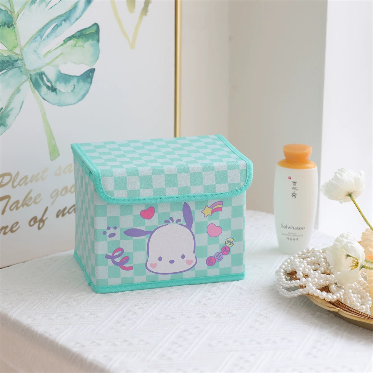 Japanese Cartoon Checkered Storage Box with Cover | Hello Kitty My Melody Kuromi Little Twin Stars Cinnamoroll Pompompurin Pochacco - Bedroom Girl Gift KawaiiGiftLand