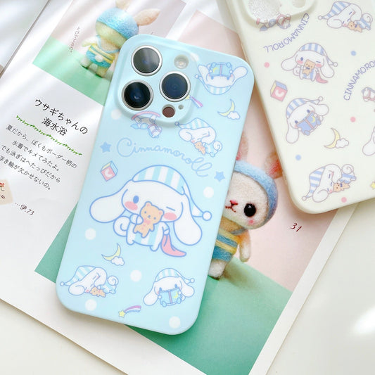 Japanese Cartoon Cinnamoroll Pajamas Matt White Blue iPhone Case 12 13 14 15 Pro Promax KawaiiGiftLand