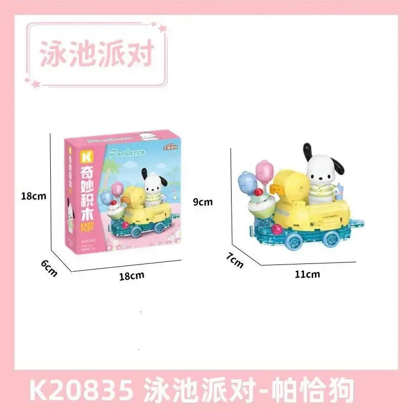 Sanrio Summer Parade of Floats | Hello Kitty My Melody Kuromi Cinnamoroll Pompompurin Pochacco - Train Car can Move Building Blocks Toy Collections KawaiiGiftLand