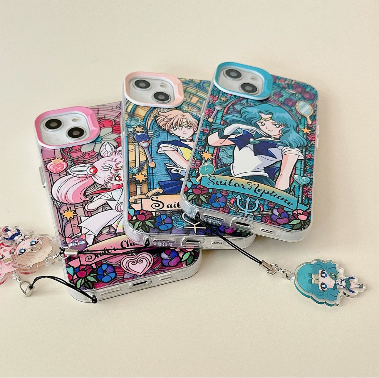 Japanese Cartoon Sailor Moon Phone Case with Strap | Laser Glass Window Part 2 - iPhone Case PLUS SE2 XS XR X 11 12 13 14 15 16 Pro Promax 12mini 13mini KawaiiGiftLand