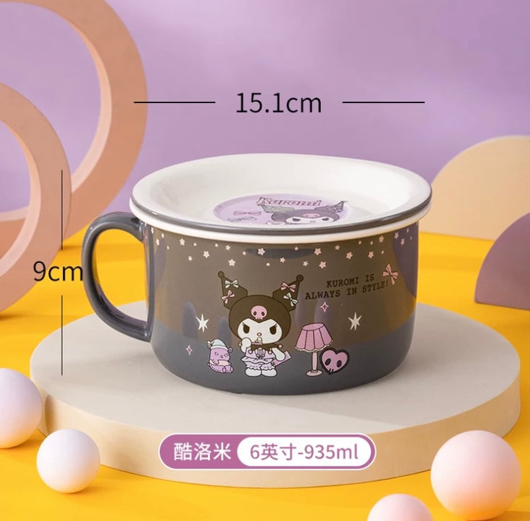 Sanrio Ceramic Bowl with Plate Cover | Hello Kitty My Melody Kuromi Cinnamoroll Pochacco - Rice Noodles Bowl KawaiiGiftLand