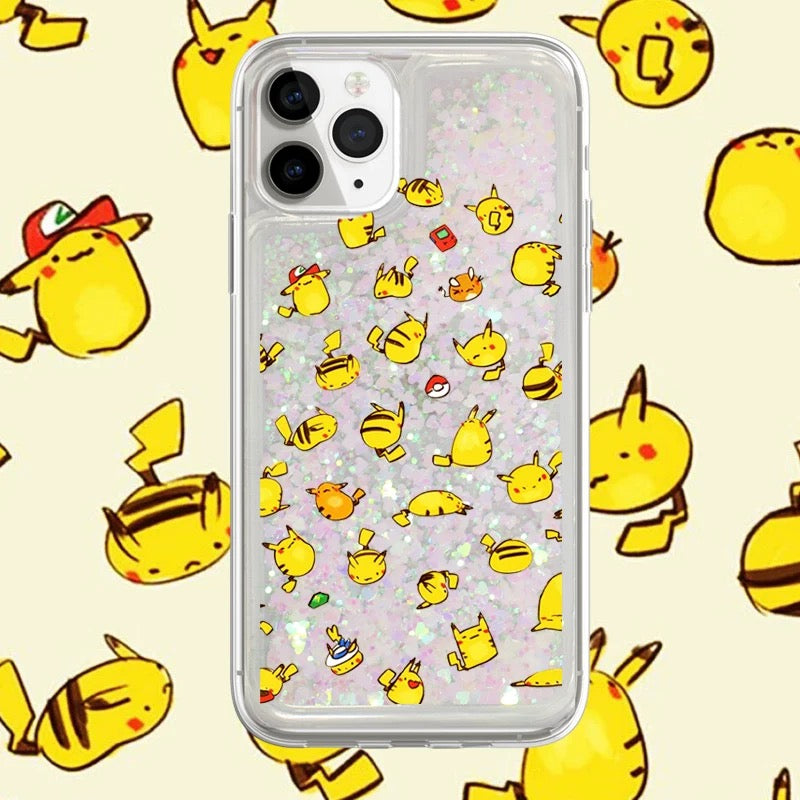 Japan Cartoon Pokemon Pikachu Cute Drawing - Yellow Glitter QuickSand iPhone Case 6 7 8 PLUS SE2 XS XR X 11 12 13 14 15 16 Pro Promax 12mini 13mini