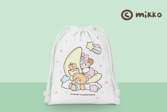 Mikko illustration Drawstring Pockets | Bedroom Bear Latte Dog Souffie Kitten Mousse Rabbit Cammy - 3 Size Tidy up Bag Kawaii Style KawaiiGiftLand