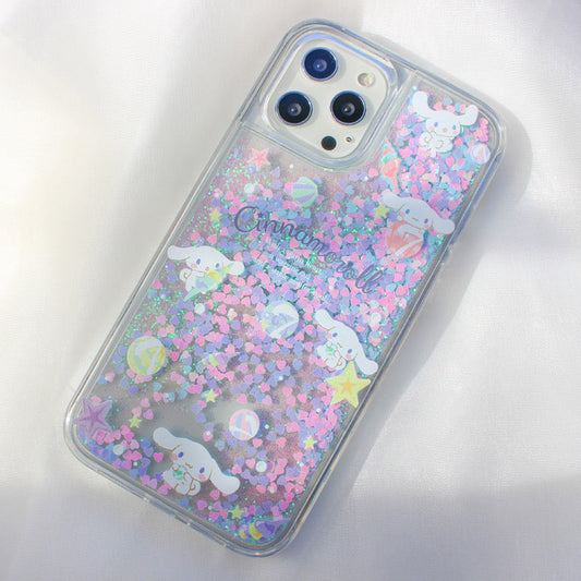 Japanese Cartoon Cinnamoroll Shells - Silver Pink Heart Glitter QuickSand iPhone Case 6 7 8 PLUS SE2 XS XR X 11 12 13 14 15 16 Pro Promax 12mini 13mini KawaiiGiftLand