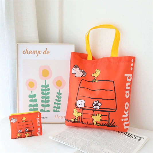 Cartoon Design Cute White Dog and Friends Fold Up Tote Bag | Orange Black Grey Blue Dog House - Kawaii Little Bag KawaiiGiftLand