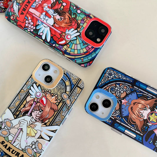 Japanese Cartoon CardCaptorSakura Glass Window Version with Strap & Stand | Red Blue Yellow - iPhone Case 6 7 8 PLUS SE2 XS XR X 11 12 13 14 15 Pro Promax 12mini 13mini KawaiiGiftLand