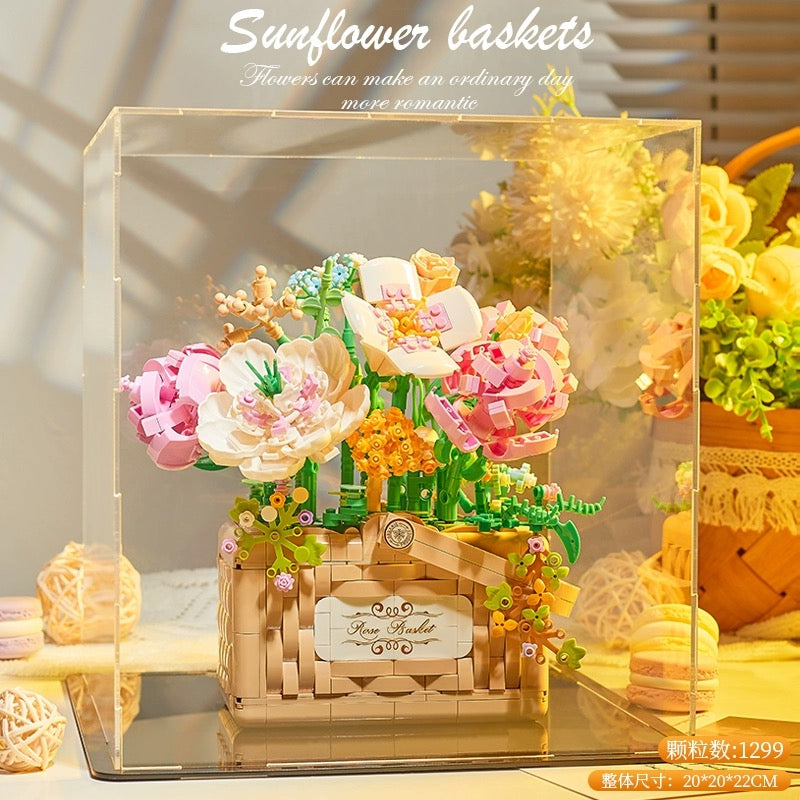 Mini Block Building Romantic Flower | SunFlower Rose Baskets - with Aromatherapy Tablets and LED Lights DIY Handmade Gift KawaiiGiftLand