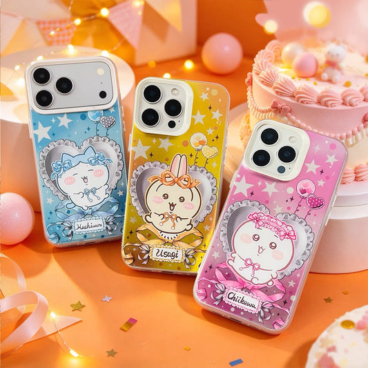 Japanese Cartoon ChiiKawa Ribbon Heart Cushion Laser Case | Chiikawa Hachiware Usagi Momonga 4 Styles - Phone Case Samsung Galaxy S26 S25 S24 S23 S22 S21 FE Ultra Edge