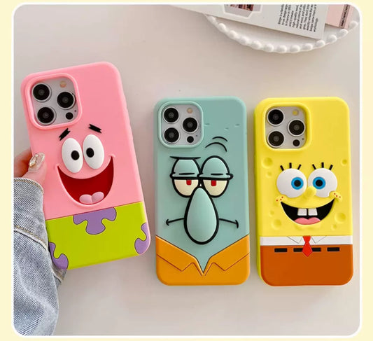Cartoon Silicone Spongebob Patrick Star Squidward Pink Yellow Sea Monster - iPhone Case 15 14 13 Pro ProMax