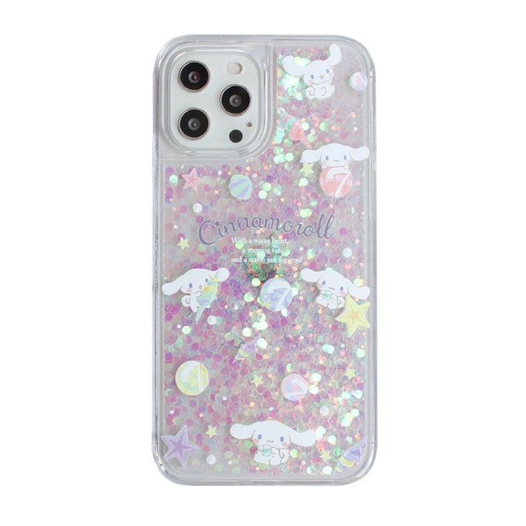 Japanese Cartoon Cinnamoroll Shells - Silver Pink Heart Glitter QuickSand iPhone Case 6 7 8 PLUS SE2 XS XR X 11 12 13 14 15 16 Pro Promax 12mini 13mini KawaiiGiftLand