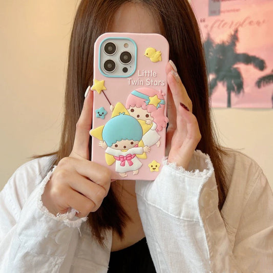 Big Little Twin Stars Pink Soft iPhone Case 11 12 13 14 15 Pro Promax KawaiiGiftLand