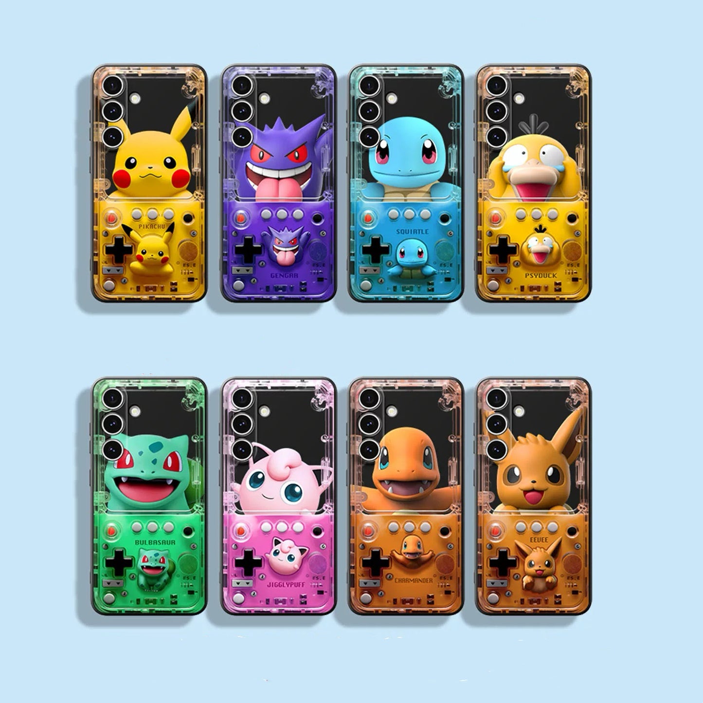 Japan Cartoon Pokemon Fun 3D Print Game Console Version Colour Silicon Case | Pikachu Bulbasaur Squirtle Charmander Psyduck Jigglypuff Eevee Gengar - Phone Case Samsung Galaxy S26 S25 S24 S23 S22 S21 FE Ultra Edge