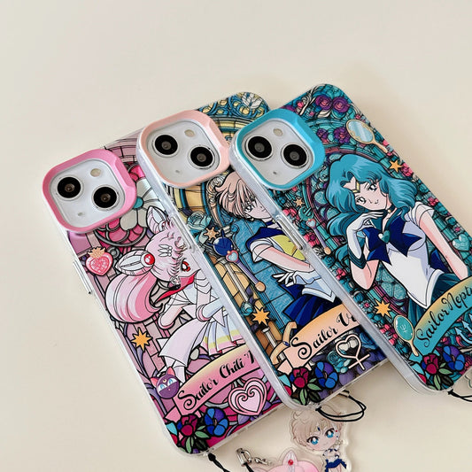 Japanese Cartoon Sailor Moon Phone Case with Strap | Laser Glass Window Part 2 - iPhone Case PLUS SE2 XS XR X 11 12 13 14 15 16 Pro Promax 12mini 13mini KawaiiGiftLand