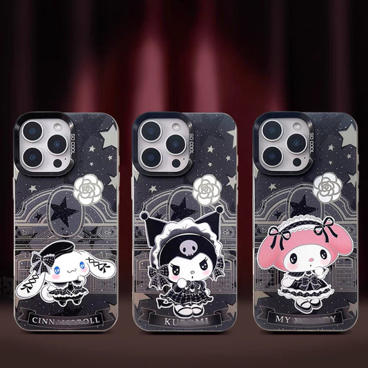 Japanese Cartoon ChiiKawa Black Winter Classic Dress Up Laser Case | Hello Kitty Little Twin Stars My Melody Kuromi Cinnamoroll Hangyodon Bad Badtz Maru 7 Styles - iPhone Case 11 12 13 14 15 16 16e 17 17e Pro Promax