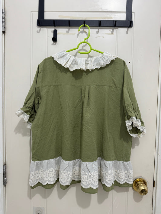 Japanese Fashion Cute Style Mori Series | Green with White Lace Shirt - Kawaii Fashion Items