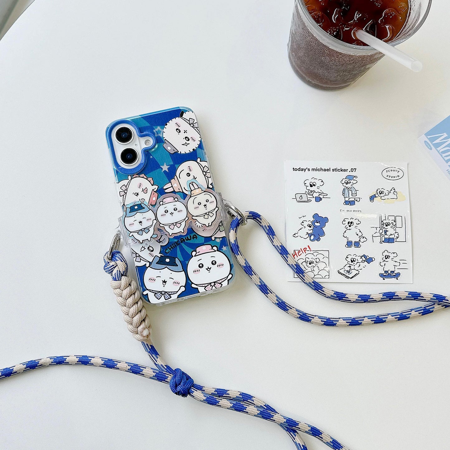 Japanese Cartoon Phone Back Clip with Phone Lanyard | Chiikawa Blue & Beige - for All Smart Phones