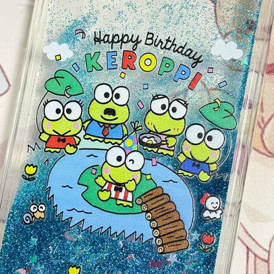 Japanese Cartoon KeroKeroKeroppi Keroppi Happy Birthday Glitter QuickSand iPhone Case 6 7 8 PLUS SE2 XS XR X 11 12 13 14 15 16 Pro Promax 12mini 13mini KawaiiGiftLand