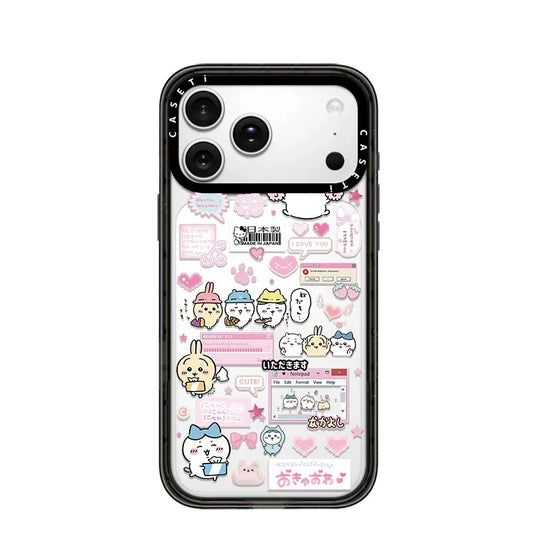 Japanese Cartoon ChiiKawa Transparent Black Frame & Mirror Phone Case | Fun Daily with Heart Version - iPhone Case 12 13 14 15 16 17 Pro Promax