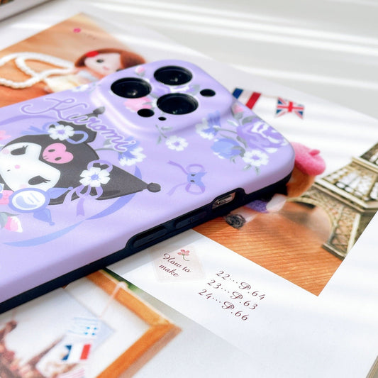 Japanese Cartoon Kuromi with Mirror Flower Purple Matt iPhone Case 12 13 Pro Promax KawaiiGiftLand