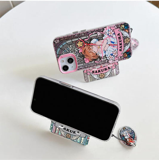 Japanese Cartoon CardCaptorSakura Glass Window Version with Strap & Stand | Pink Orange Purple - iPhone Case 6 7 8 PLUS SE2 XS XR X 11 12 13 14 15 Pro Promax 12mini 13mini