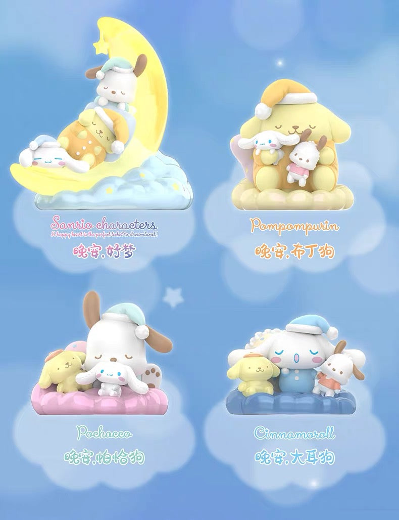 Full Set of 4 Sanrio x Toptoy Sweet Dream Cinnamoroll Pompompurin Pochacco Pajamas on Cloud Figure Toy Collection & Night Light KawaiiGiftLand