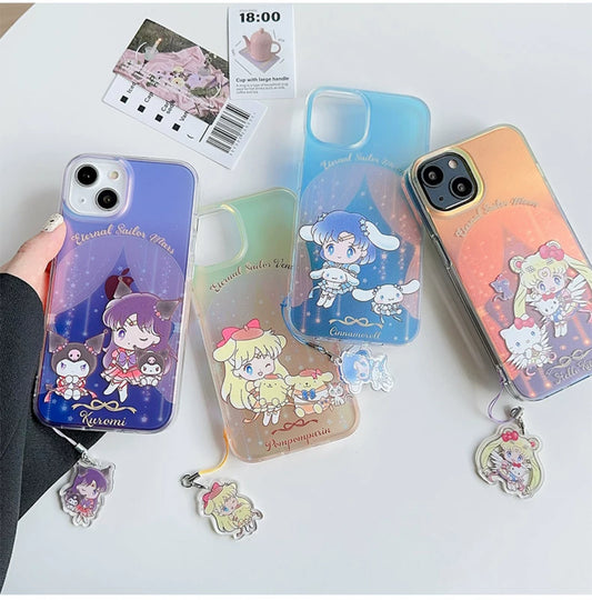 Japanese Cartoon iPhone Case with Strap | Laser Sailor Girl X Hello Kitty Kuromi Cinnamorll Pompompurin - iPhone Case Phone Case 7 8 PLUS SE2 XS XR X 11 12 13 14 15 Pro Promax 12mini 13mini