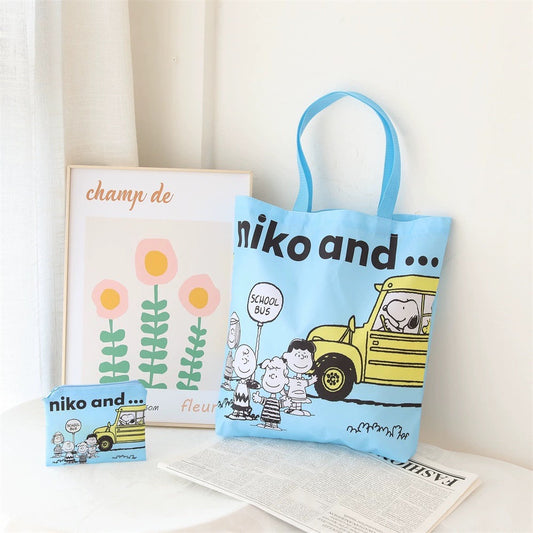 Cartoon Design Cute White Dog and Friends Fold Up Tote Bag | Sky Blue Red Yellow Green School Bus Sunglasses - Kawaii Little Bag KawaiiGiftLand