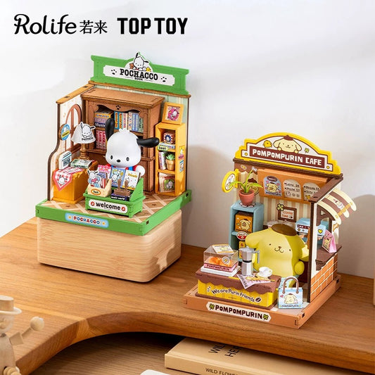 Rolife x Sanrio Character Style Shopping Street Craft Kits Set | Hello Kitty My Melody Pompompurin Pochacco - DIY Handmade Wooden Mini World Miniature Gift