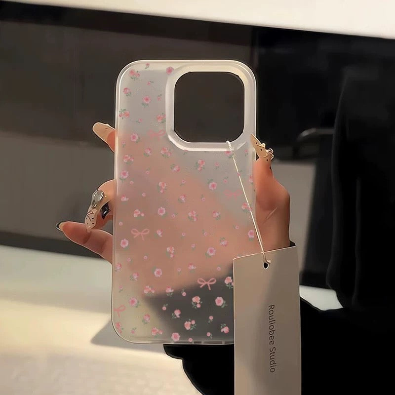 Lady Style Little Flowers Pink Rose with Ribbon Matt White Case - iPhone Case XS XR 11 12 13 14 15 Pro Plus Promax KawaiiGiftLand