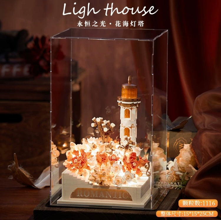 Mini Block Building Romantic LightHouse with Flower - with LED Lights DIY Valentine Handmade Gift KawaiiGiftLand