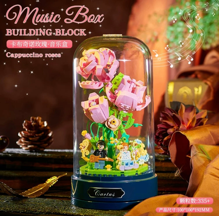 Mini Block Building Romantic Flower Music Box | SunFlower Rose - with LED Lights DIY Valentine Handmade Gift KawaiiGiftLand