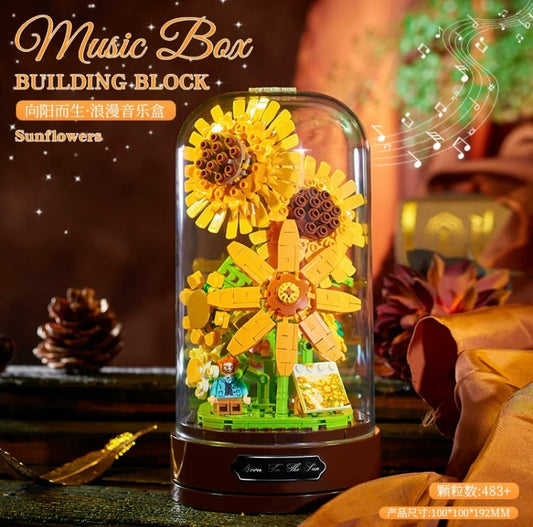 Mini Block Building Romantic Flower Music Box | SunFlower Rose - with LED Lights DIY Valentine Handmade Gift KawaiiGiftLand